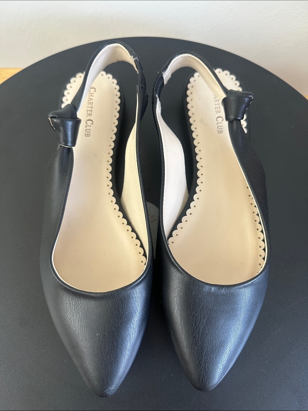 Charter Club Black Pointed Slingback Flats with Bow Accent